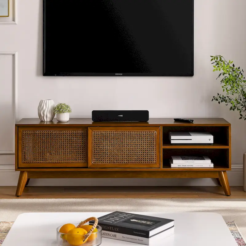 Rattan TV Cabinet with Sliding Doors and Open Shelves