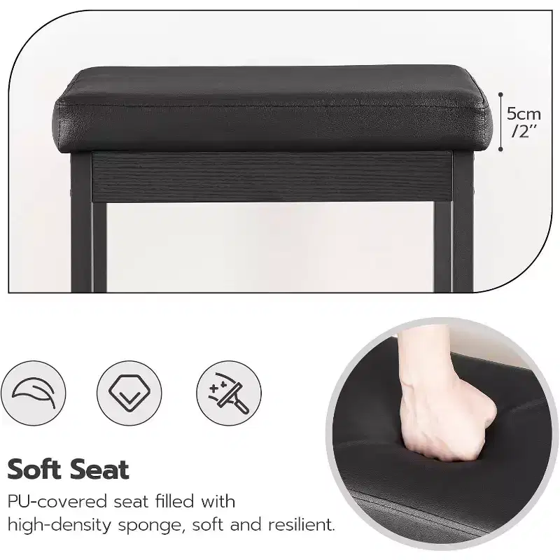 ACOINEL Bar Stools Set of 2, 24.8-Inch Breakfast Bar Chairs, Kitchen Stools with 2 Thick PU Upholstery, Black Bar Counter Stools