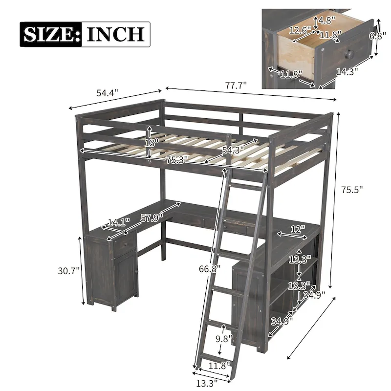 White/Antique Brown Loft Bed with U-Shaped Desk & Storage – Twin/Full, 1-Person