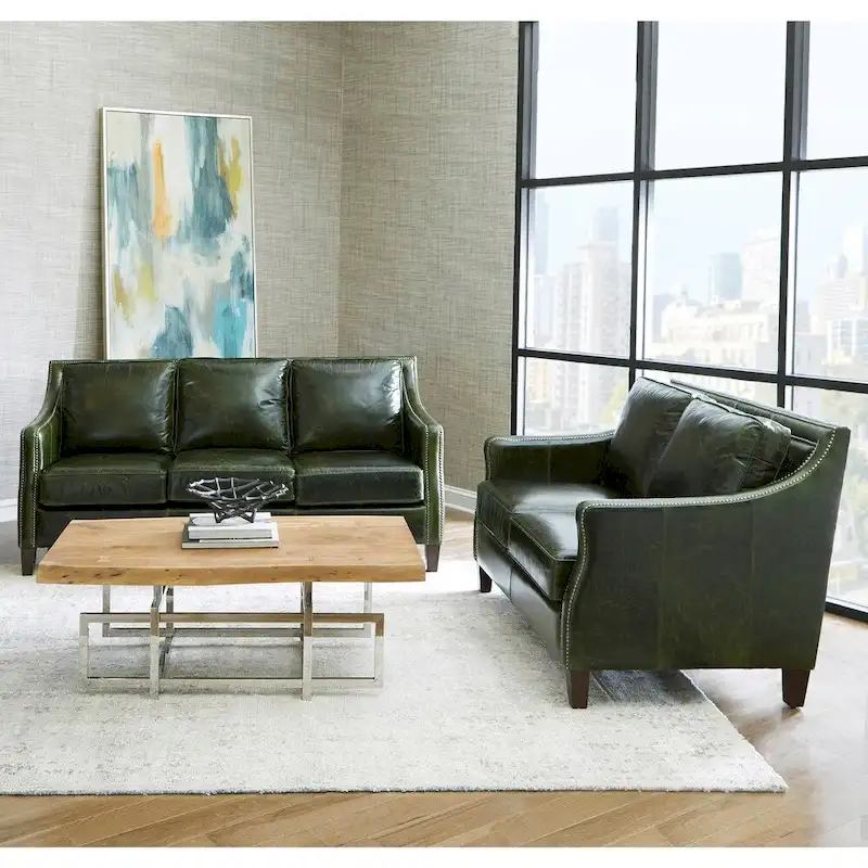 Essex Distressed Green Top Grain Leather Sofa and Loveseat Set