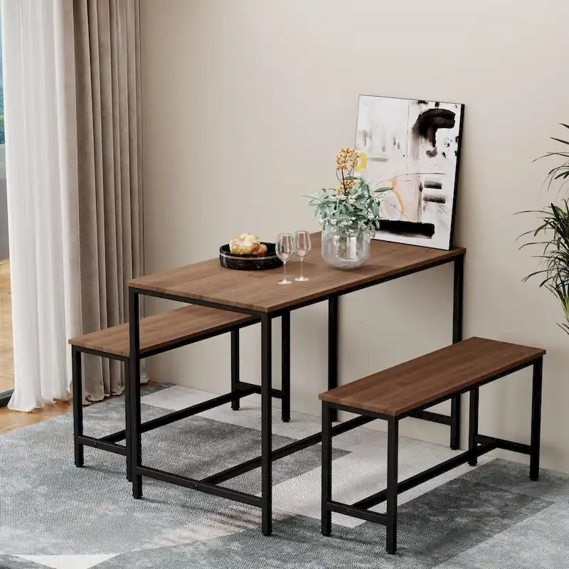 Brown 3-Piece Dining Table Set with 2 Benches, Seats 4