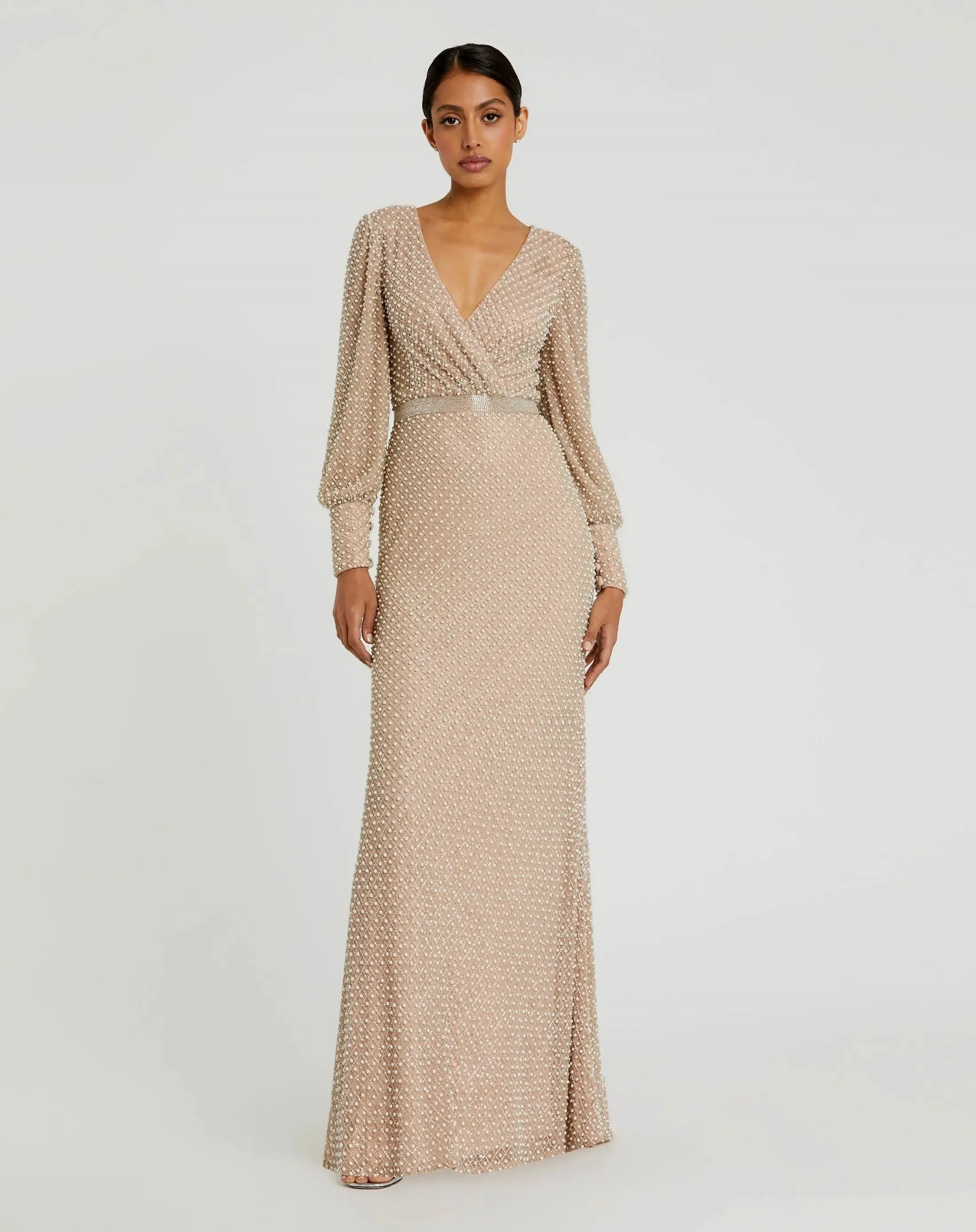 Beige Wrap Over Bishop Sleeve Gown With Pearl Beading