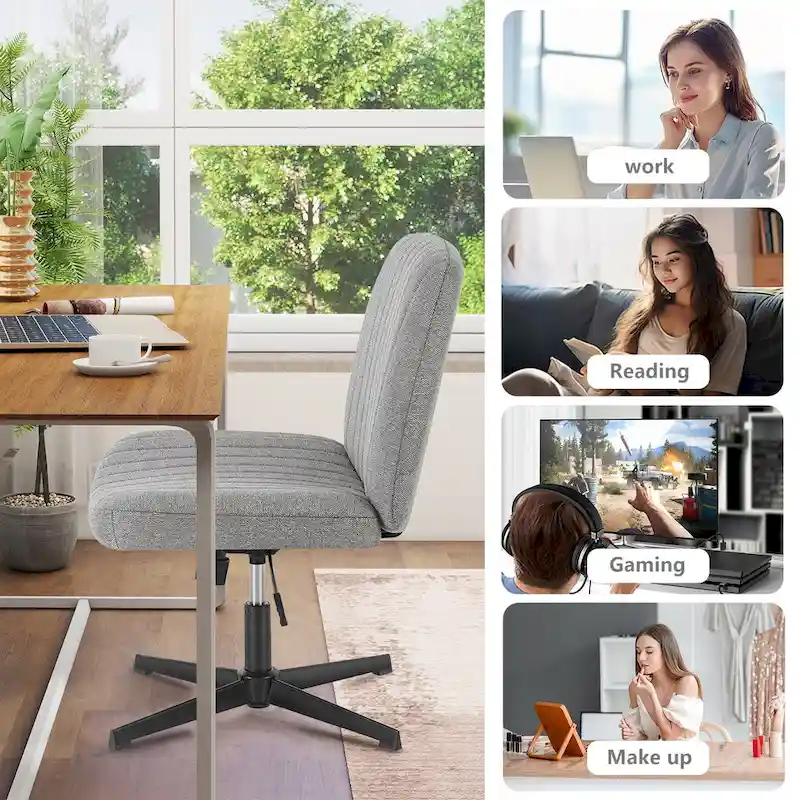 Criss Cross Legged Office, Wide Comfty Desk, Wheels Armless Computer Task, Swivel Vanity Home Chair, Height Adjustable