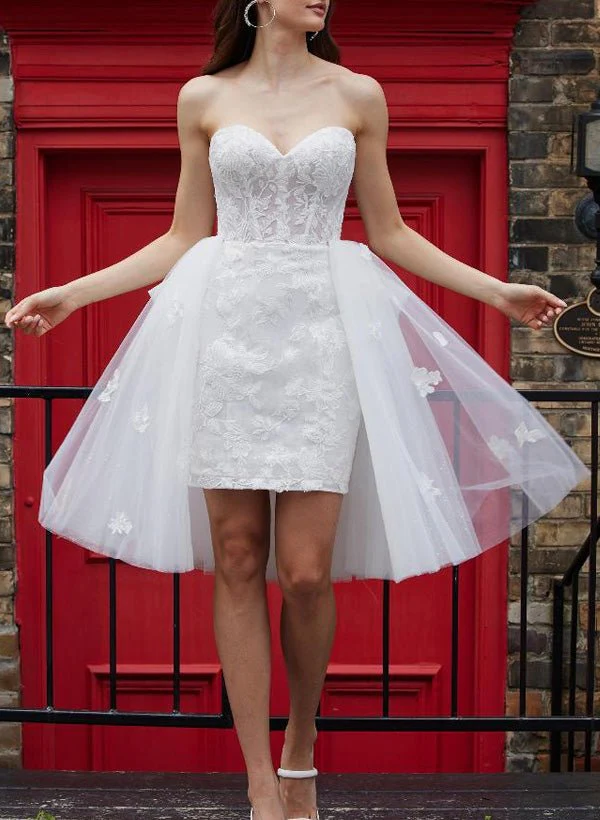 Sheath Column Sweetheart Lace Tulle Wedding Dresses With Bow(s)