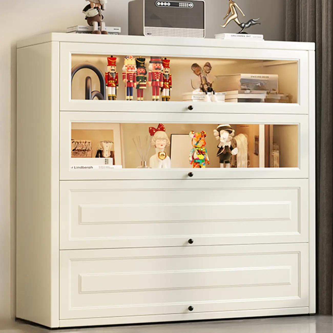 Chalk Vertical Bookshelves with 3 Cabinets, 3-Shelf Alloy Frame and Closed Back