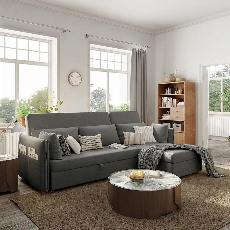 L-Shape Sofa Bed with Scratch-Resistant Fabric and Solid Wood Frame