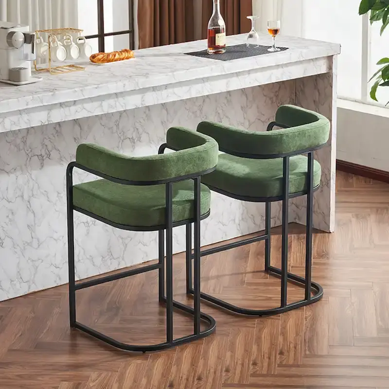 Fabric Upholstered Bar Stools Set of 2, Counter Height Bar Stools with Barrel Back, Dining Chair with Metal Frame and Arms