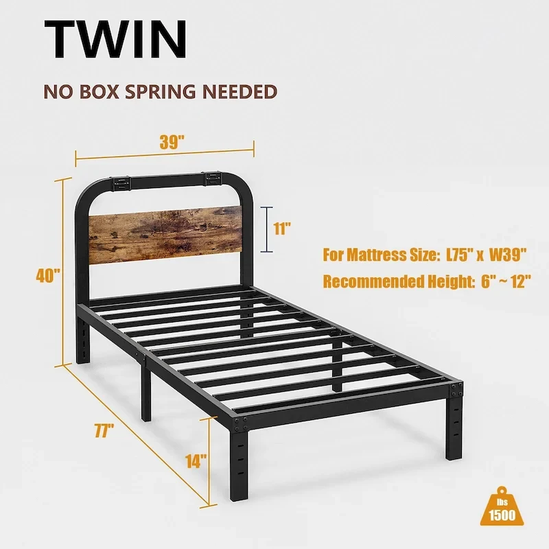 Heavy Duty Anti-Sway 40 Inch Iron Bed With Solid Wood Headboard