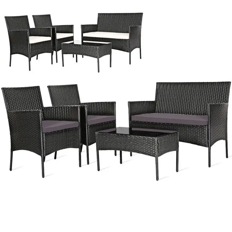 4 Pieces Patio Rattan Cushioned Sofa Set with Tempered Glass Coffee Table - 24 x 23.5 x 33 (L x W x H)