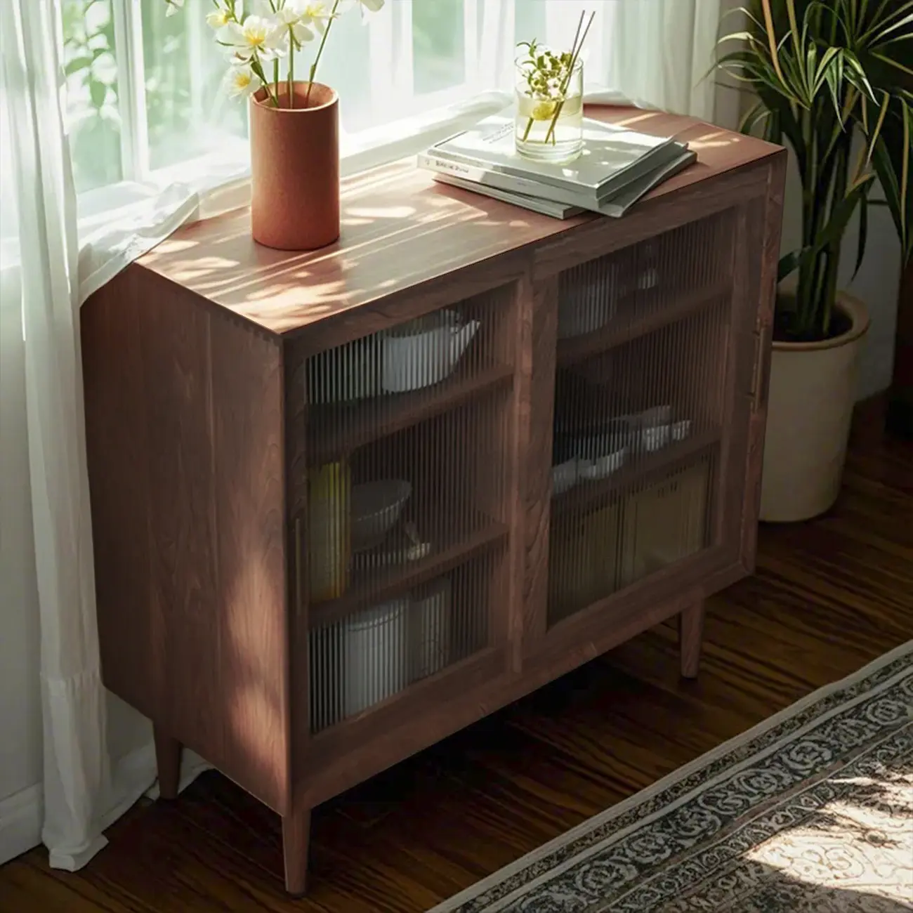 Nordic Kitchen Cabinet with Glass Doors & Straight Legs