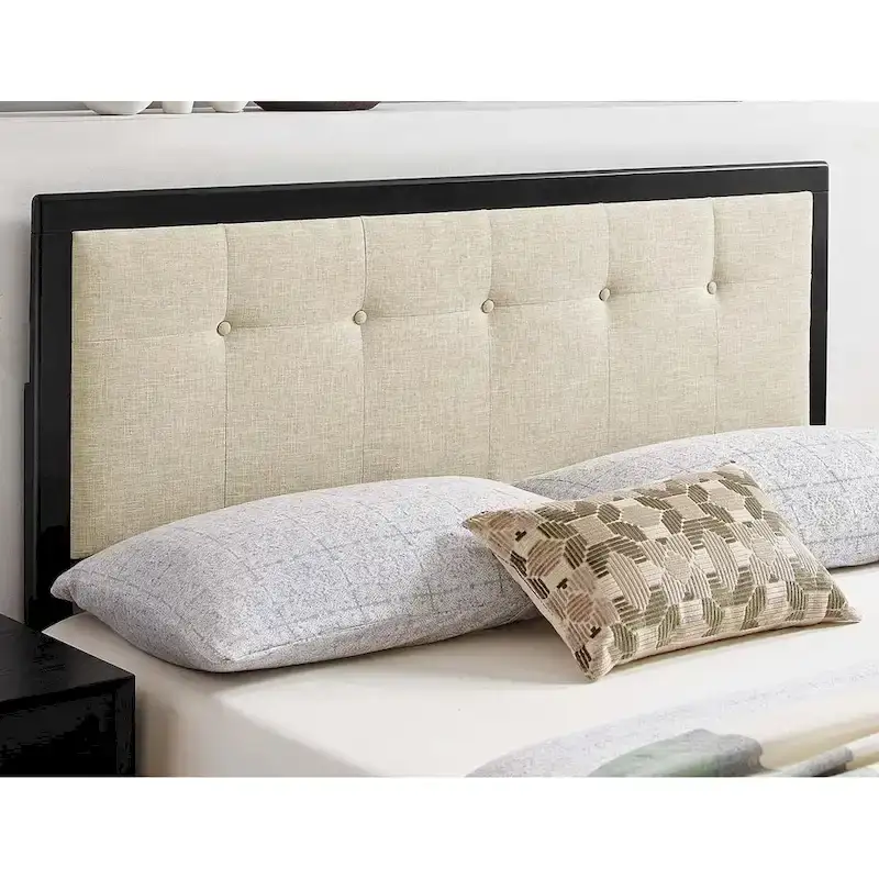 Marlin Traditional Beige Fabric Button Tufted King Size Black Wooden Headboard