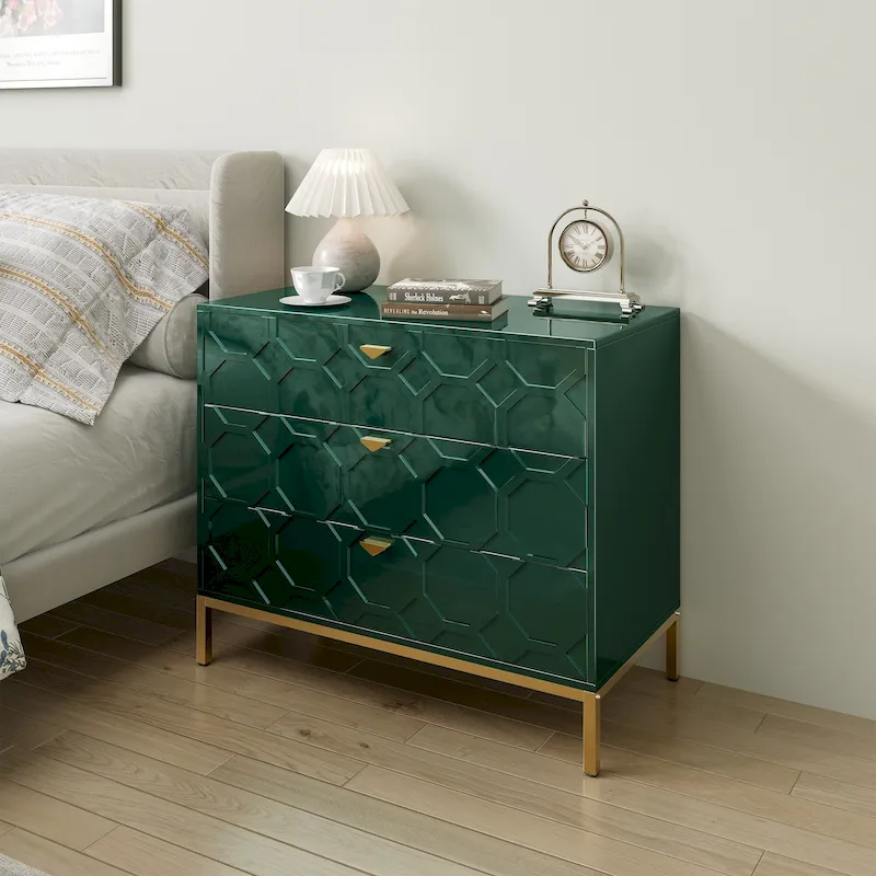 Modern Glossy 3-Drawer Storage Chest with Gold Accents