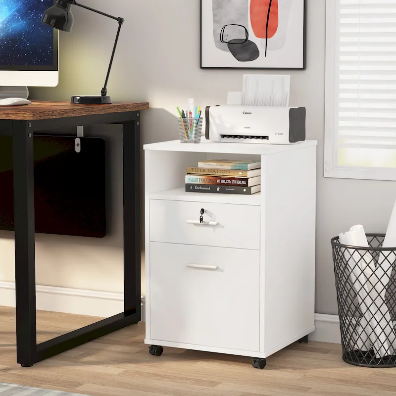 Mobile File Cabinet with 2 Locking Drawers and Wheels – Black / White / Vintage Brown