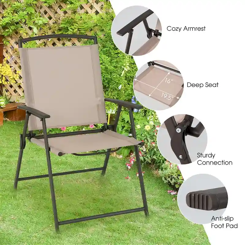 2 pcs Patio Folding Sling Dining Chairs Armrests Steel Frame
