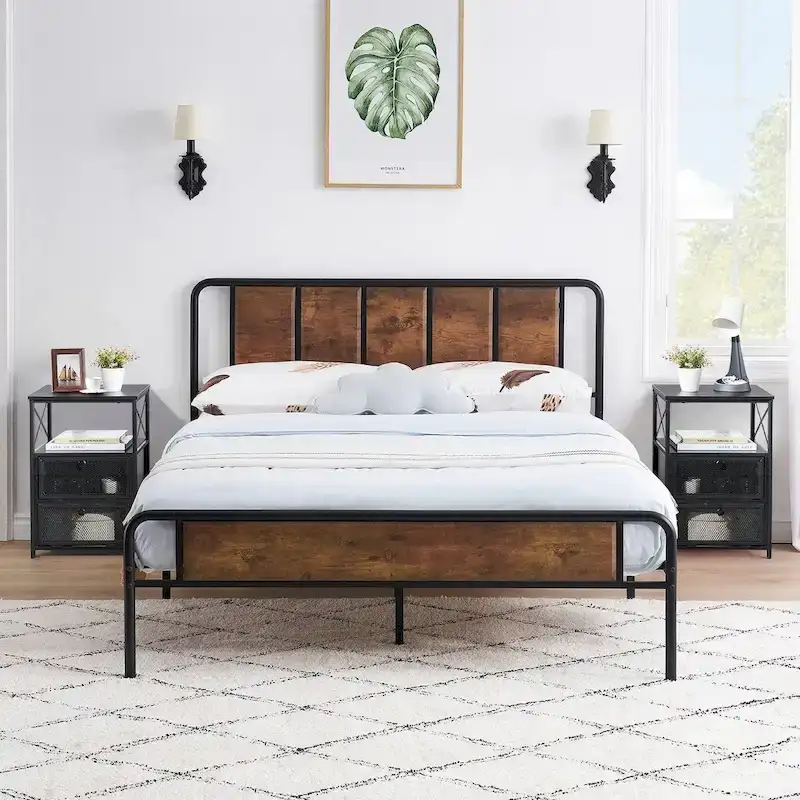 Taomika 3-pieces Industrial Modern Bed Frame and Nightstands Set