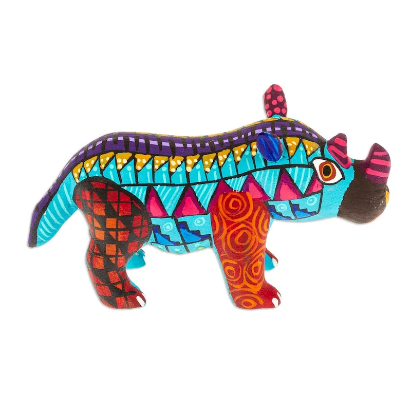 Novica Handmade Aquamarine Rhino Wood Alebrije Figurine