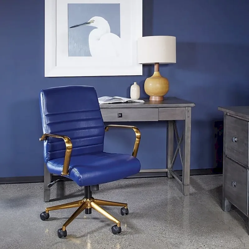 Mid-Back Office Chair, Faux Leather, Built-In Lumbar Support, Locking Tilt, Gold Base & Arms, Dual-Wheel Casters, Navy / Saddle / Cream / Black / White, 1-Person Use