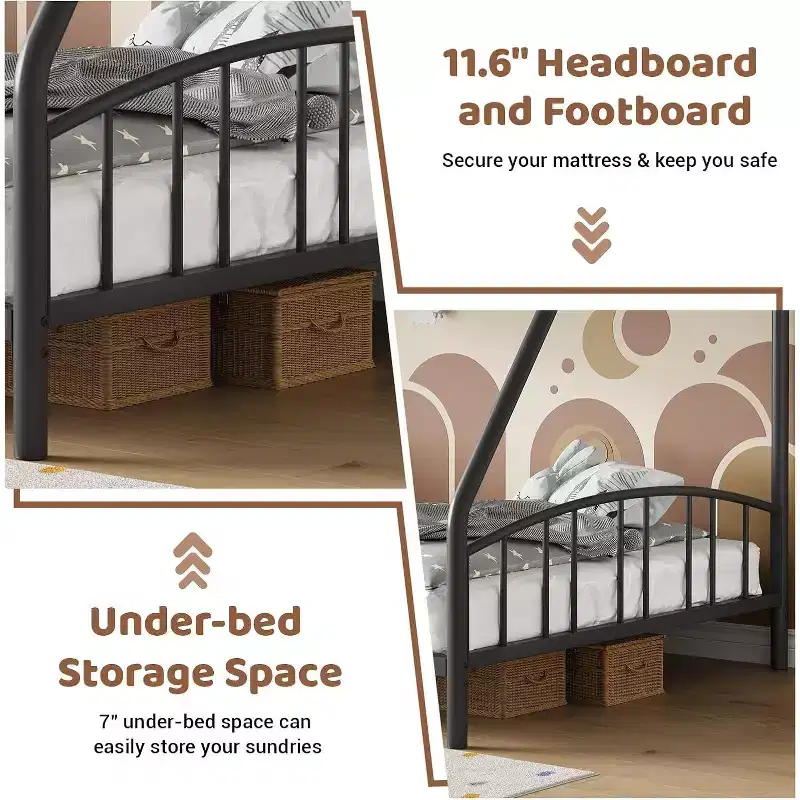 Twin Over Full Metal Bunk Bed, Space Saving Heavy Duty Steel Frame With Arched Guardrail And Ladder, Easy Assembly, No Box Spring Needed