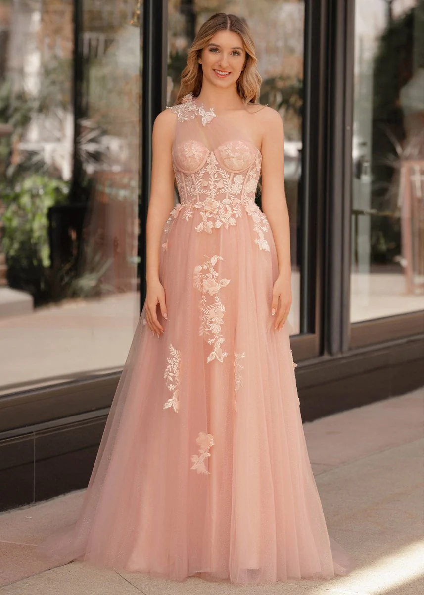 A Line One Shoulder Black Long Prom Dress with Appliques