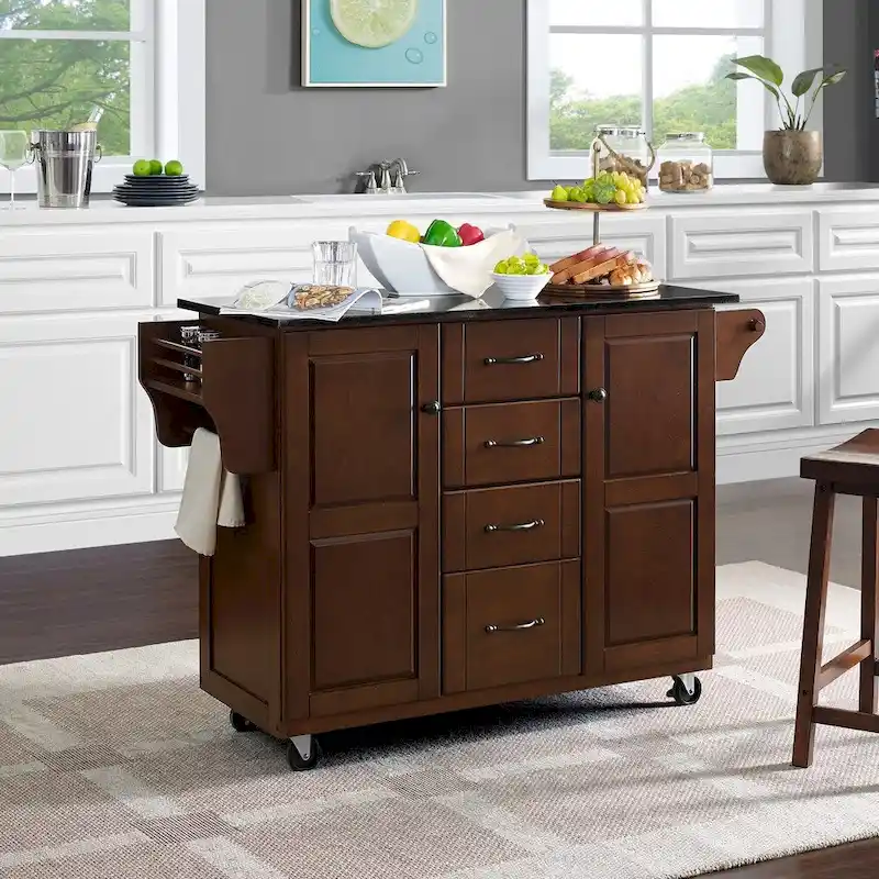 Rolling Kitchen Cart with Stone Countertop – Mahogany Finish