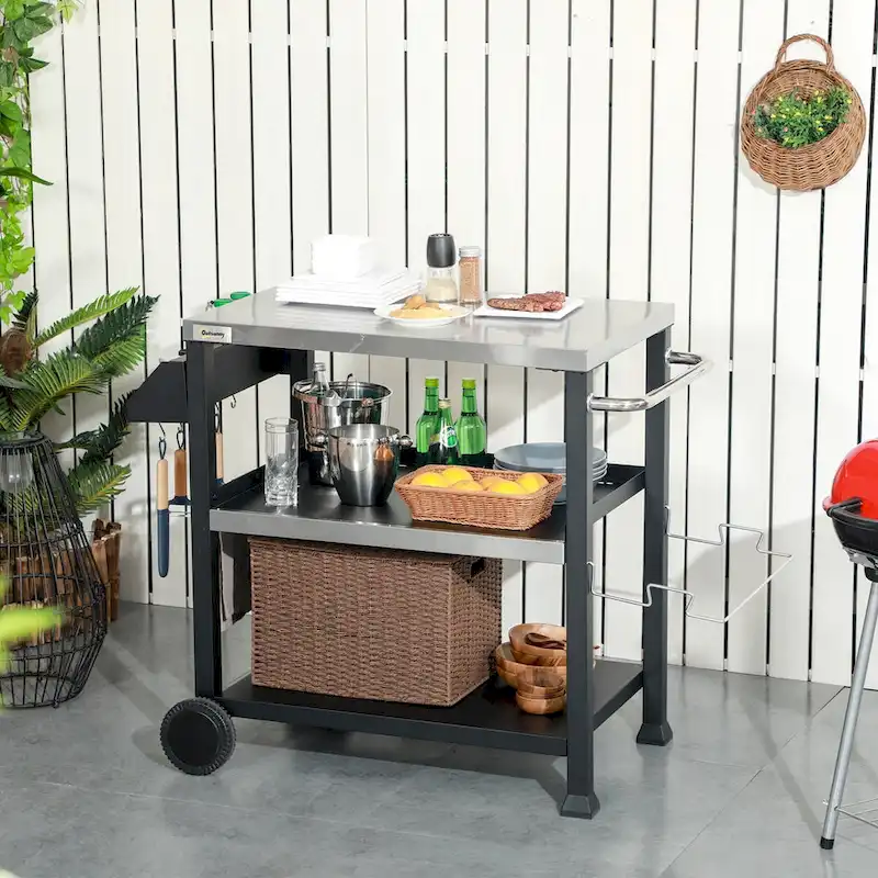 Three-Shelf Outdoor Grill Cart with Stainless Steel Tabletop on Wheels