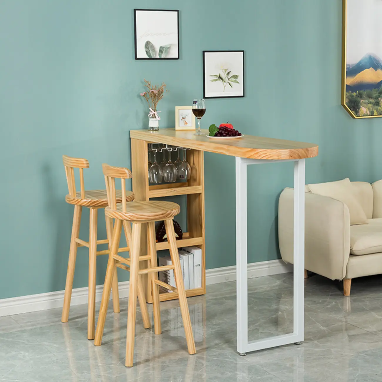 Modern Asymmetrical Wooden Bar Table with Storage and Seating