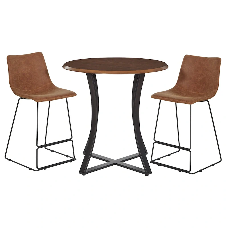 3-Piece 36  Round Top Counter Height Dining Table with 2 Faux Leather Stools