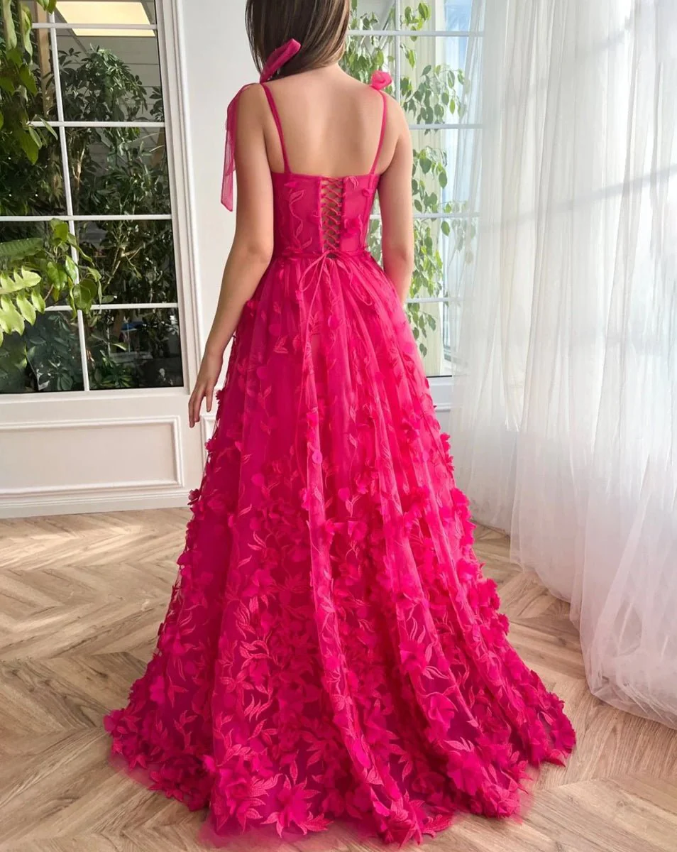 Fuchsia - Elegant A-line 3D Flower Tulle Prom Dress With Slit