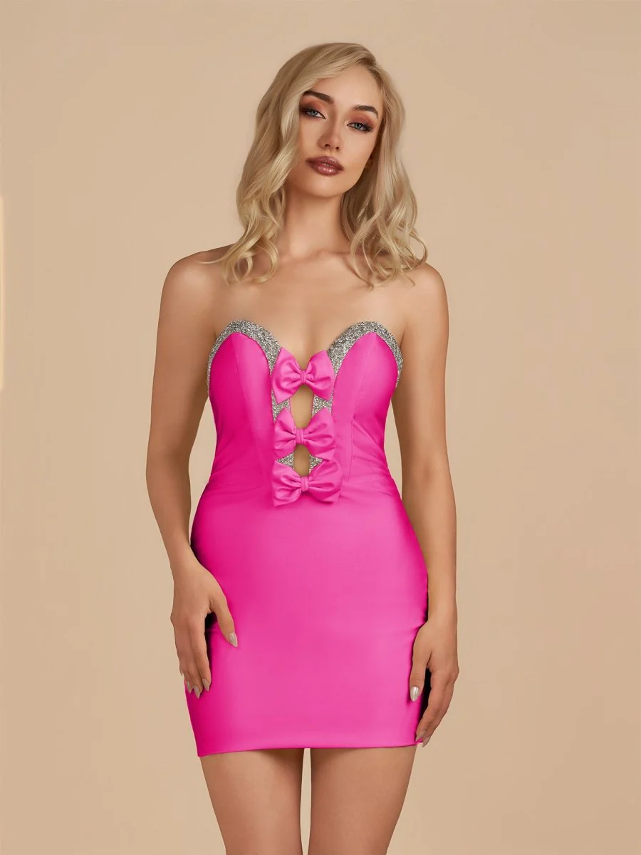 Fuchsia - Bodycon Strapless Cut Out Satin Beaded Homecoming Dress With Bows