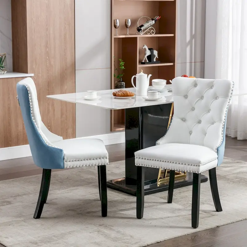 Tufted PU Leather & Velvet Dining Chair with Nailhead Trim, Set of 2