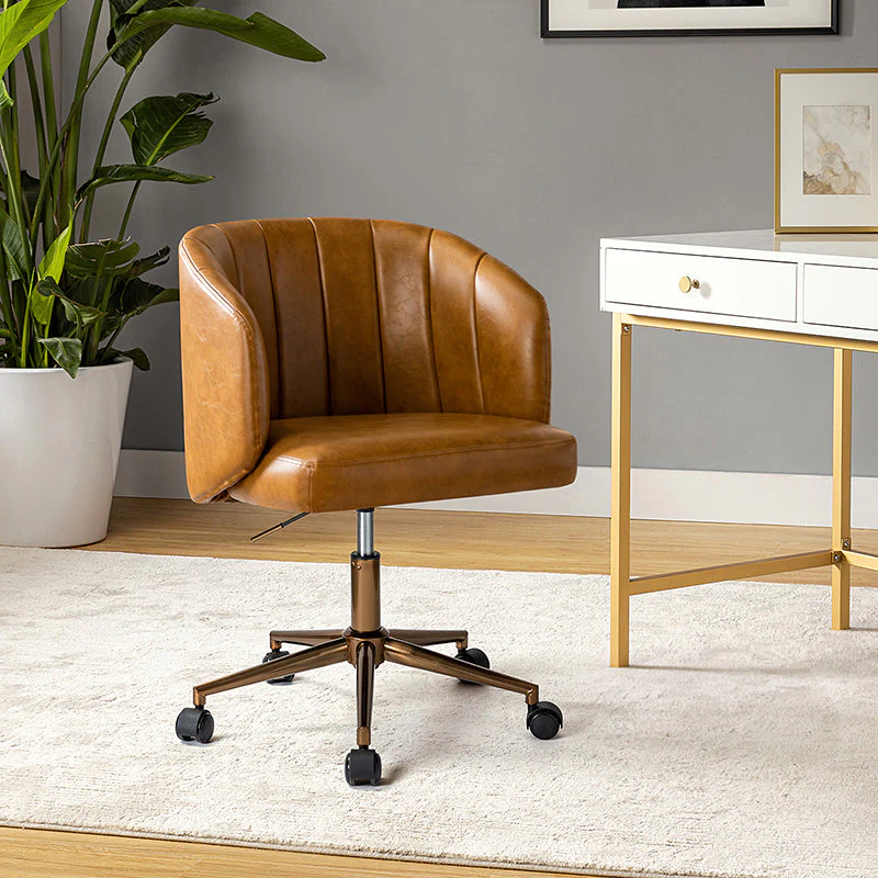 PU Leather Channel Barrel Back Task Chair with Adjustable Height, No Armrests & Gold Metal Casters | Camel | Single Seat