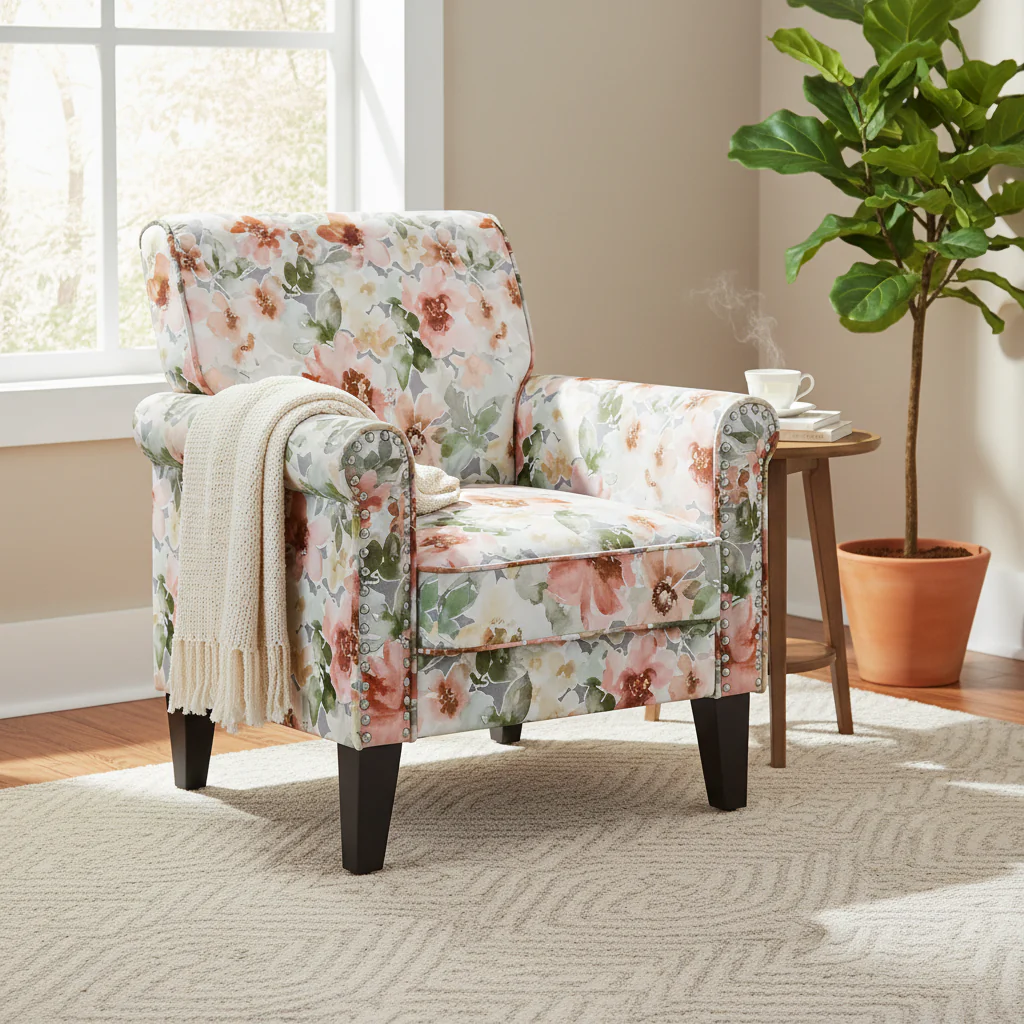 Traditional Rolled Arm Accent Chair with Pewter Nailheads