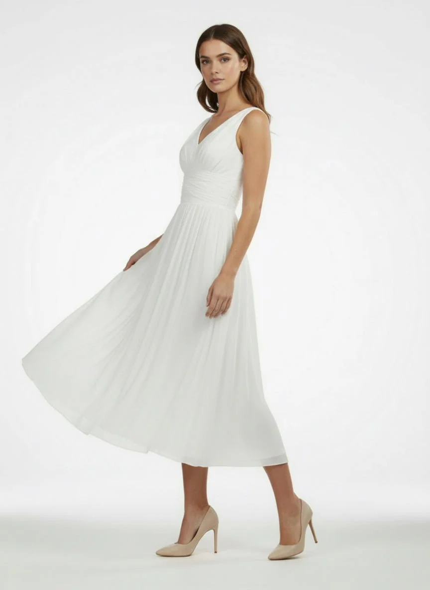 V-Neck Sleeveless Tea-Length Chiffon Wedding Dress With Ruching And Low-V Back