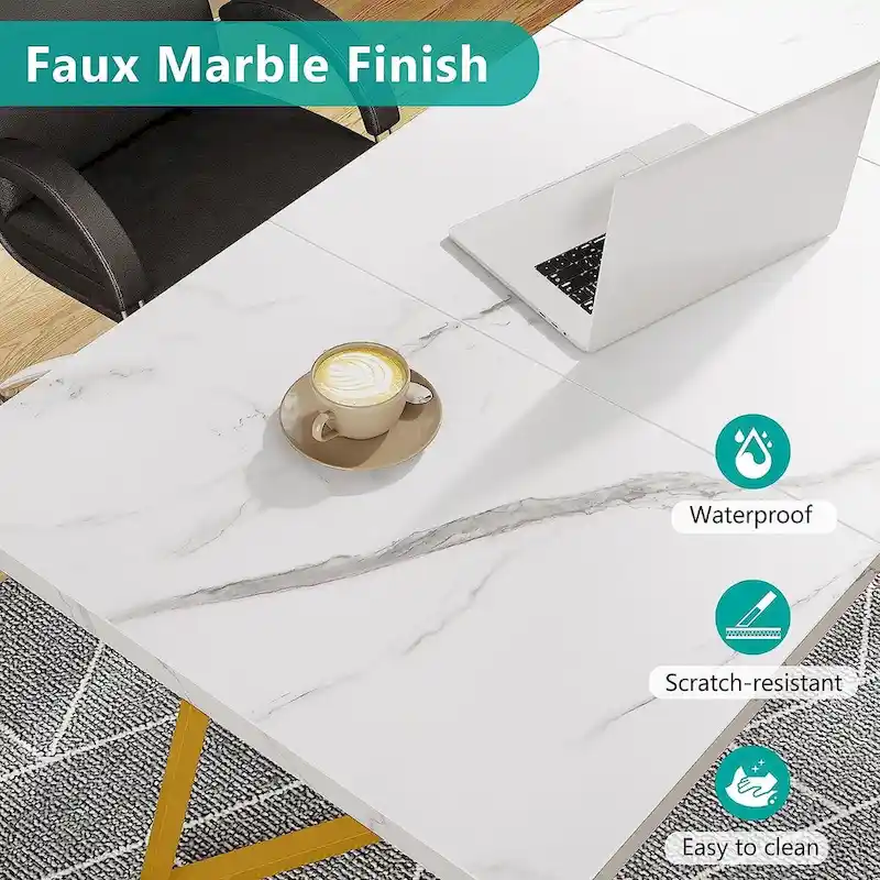 Home Office Computer Desk, White Gold 55 In Faux Marble Executive Desk