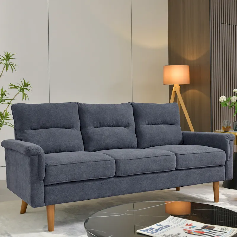 Brown Faux Leather 3-Seater Sofa with Wood Legs