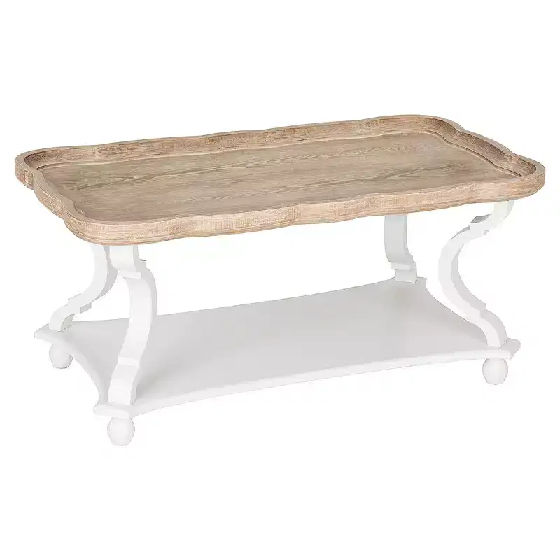 COZAYH Coffee Table, Rustic Farmhouse Tray Top Accent Table with Storage Shelf - Cottagecore Living Room Table, Natural/White Handcrafted Finish