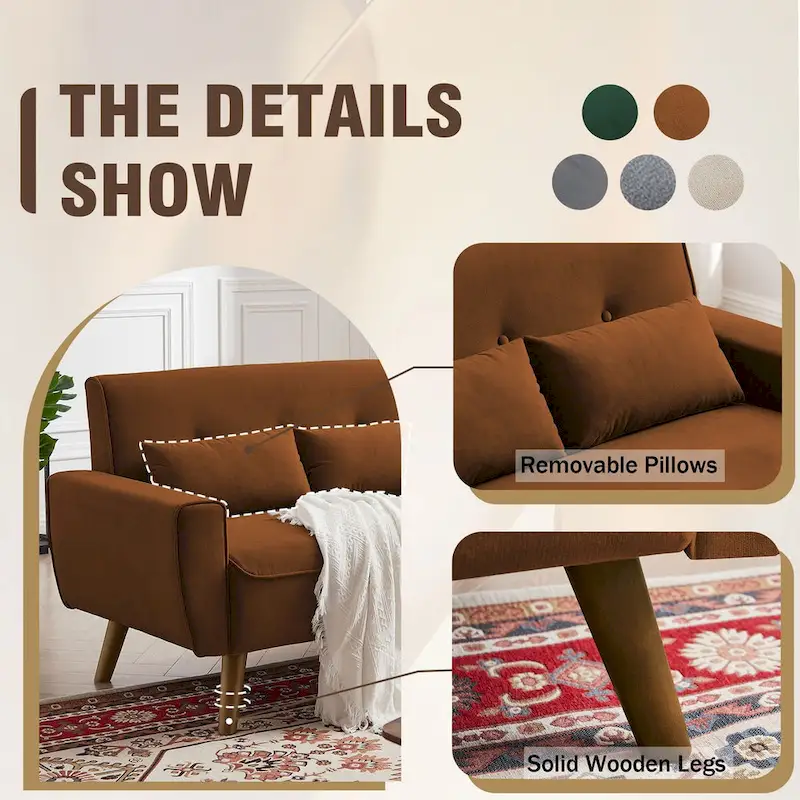 48.82 Small Tufted Loveseat Sofa 2 Set with Tapered Wood Legs