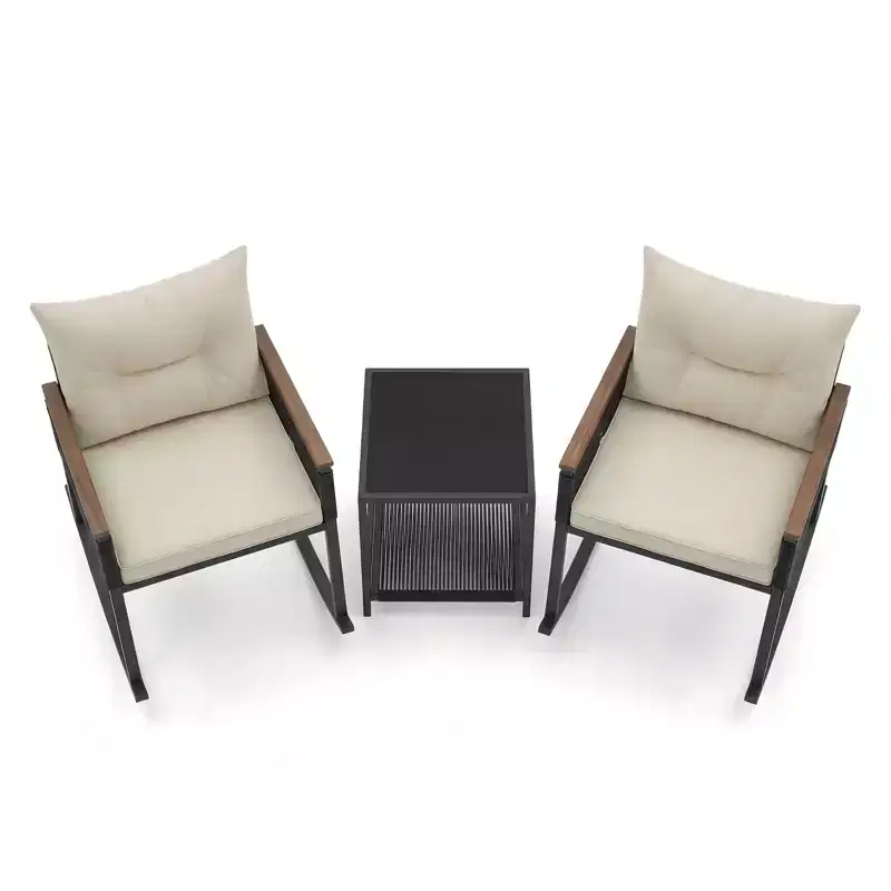 Gymax 3-Piece Outdoor Rocking Bistro Set w/ 2-Tier Tempered Glass Coffee Table & Cushions for Patio & Garden