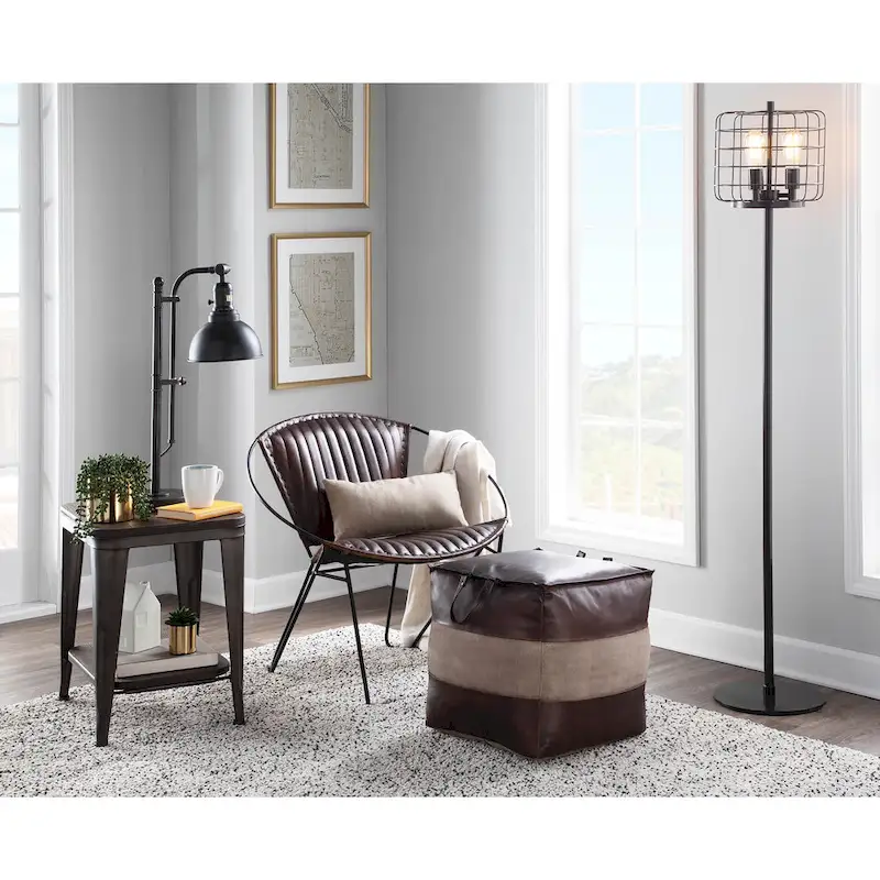 Industrial Pouf Ottoman in Leather and Canvas