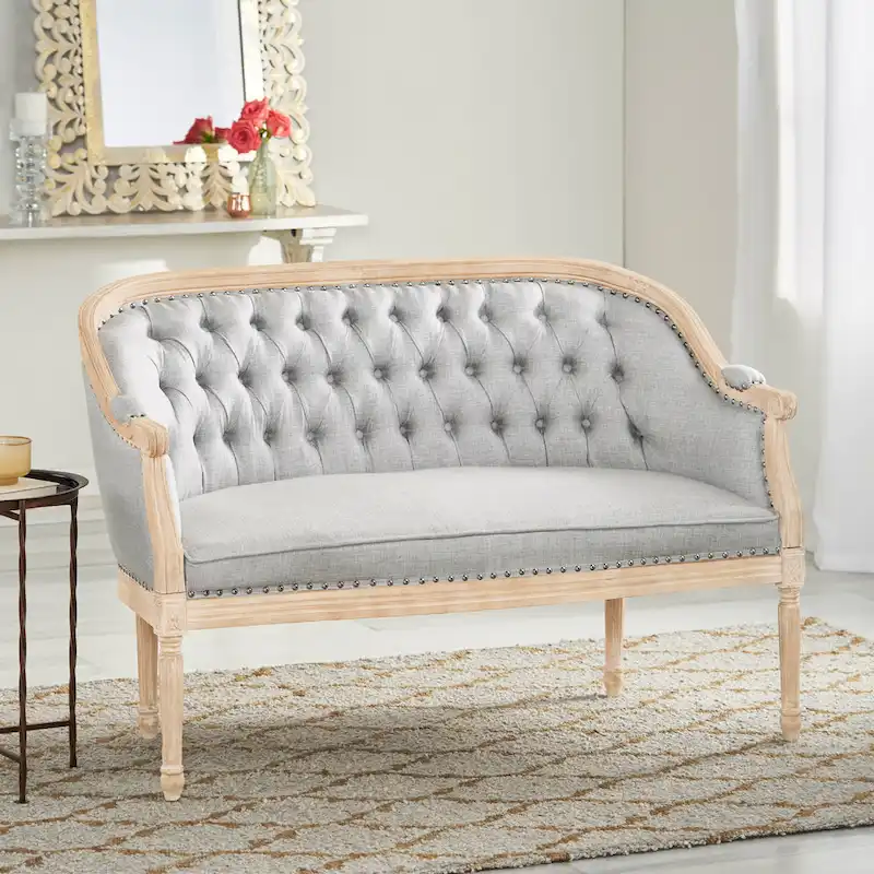 Button-Tufted Upholstered Loveseat with Scrolled Arms and Nailhead Trim