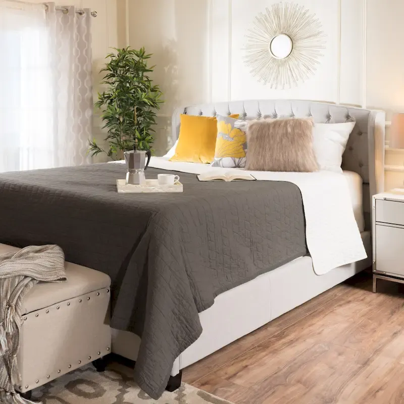 Queen Size Upholstered Bed Frame with Fabric Headboard