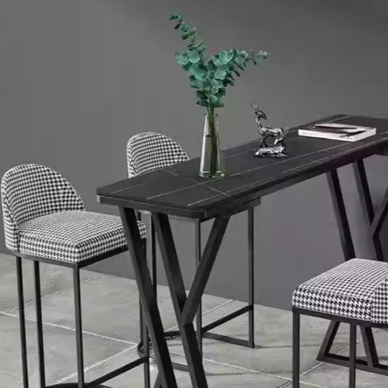 Rectangular Sleek Stone Top Metal Gray Double Pedestal Bar Table