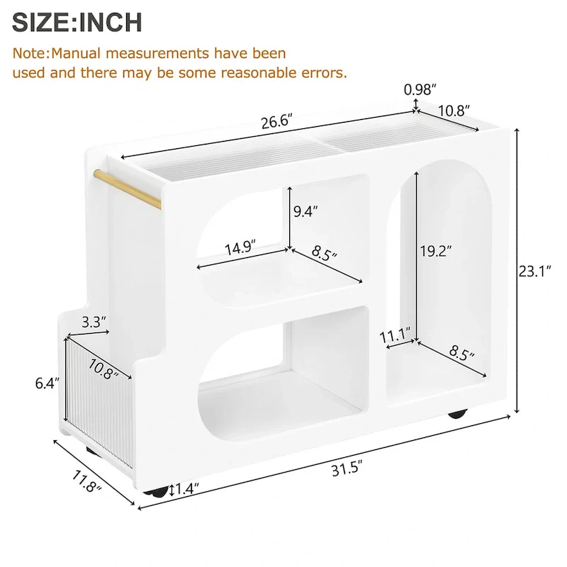 31.5  Modern Mobile End Table with 5mm Thick Fluted Tempered Glass, Lockable Wheels and Golden Round Rod