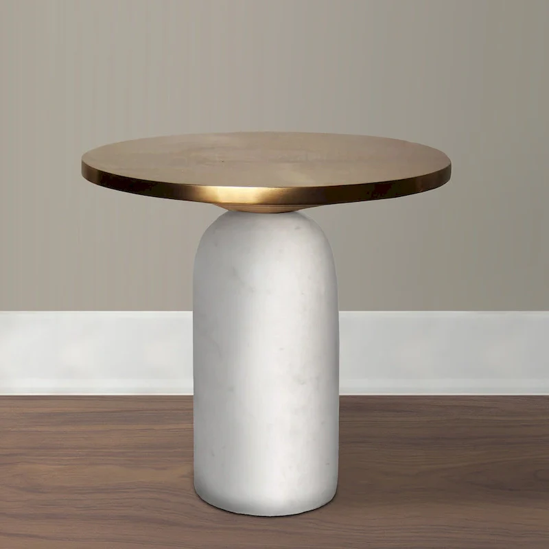 Round Accent Side Table, Brass & White, Aluminum Top with Marble Base