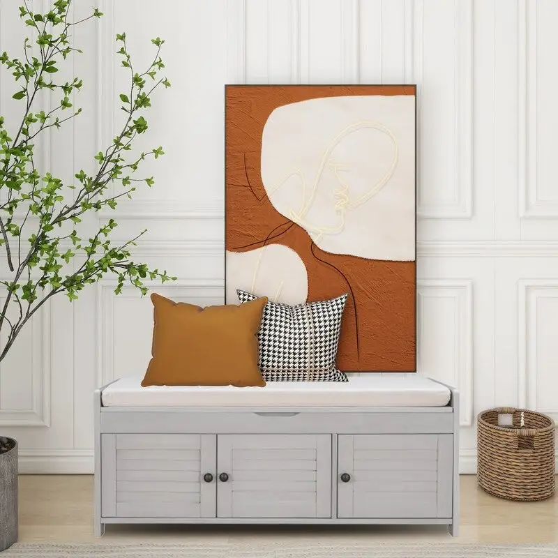 Wooden shoe storage stool with cushioned entrance bench with built-in adjustable shelf and flip top