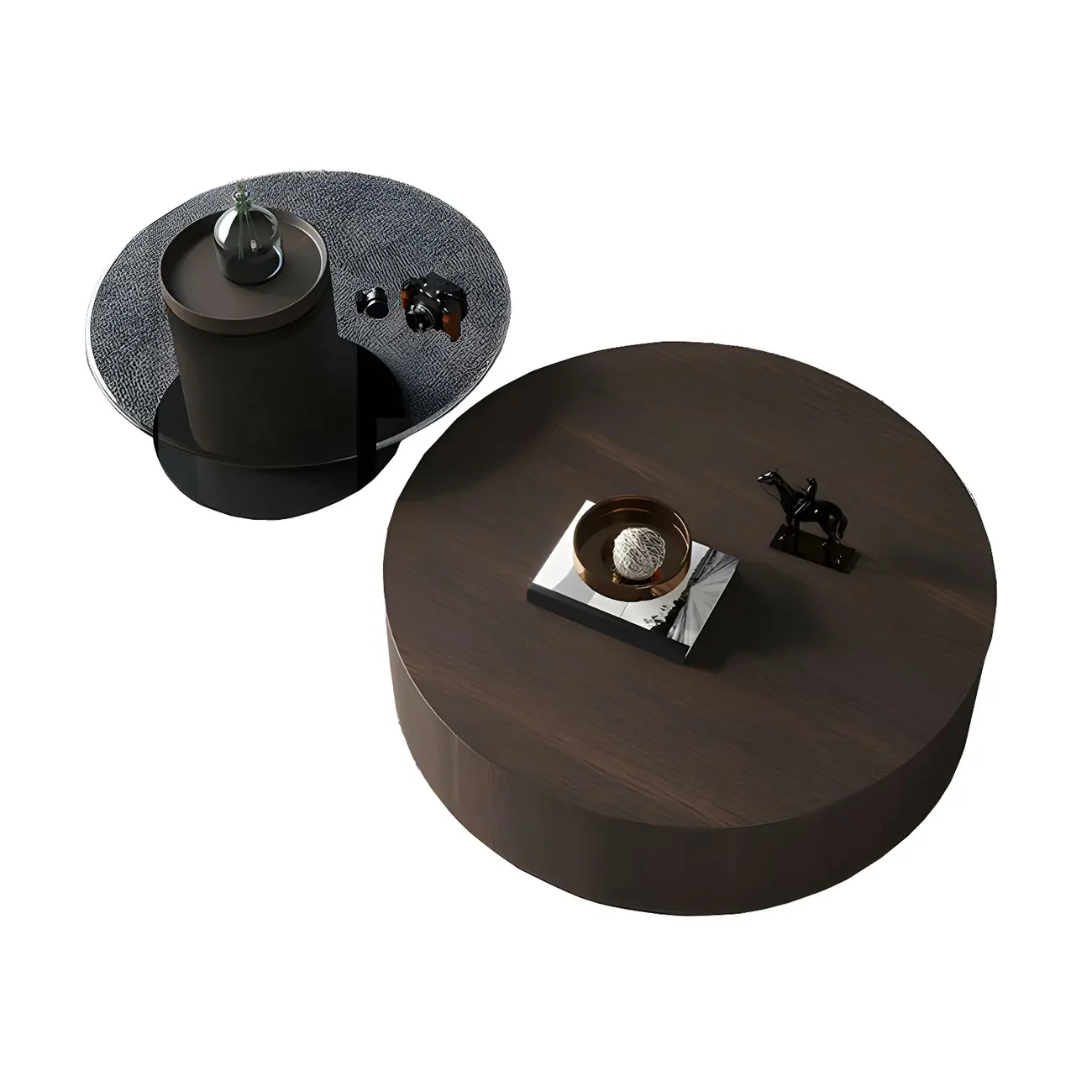 Dark Modern Nesting Round Wood Drawer Coffee Table