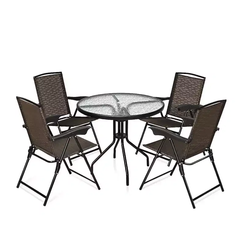 Costway 5PC Bistro Outdoor Patio Furniture Set Glass Table W/4 Folding Adjustable Chairs