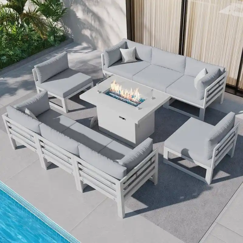 FINCATI 9-piece Extra-large Luxury Aluminum Patio Furniture Set with Deep Seating and Convertible 43 Fire Pit Table