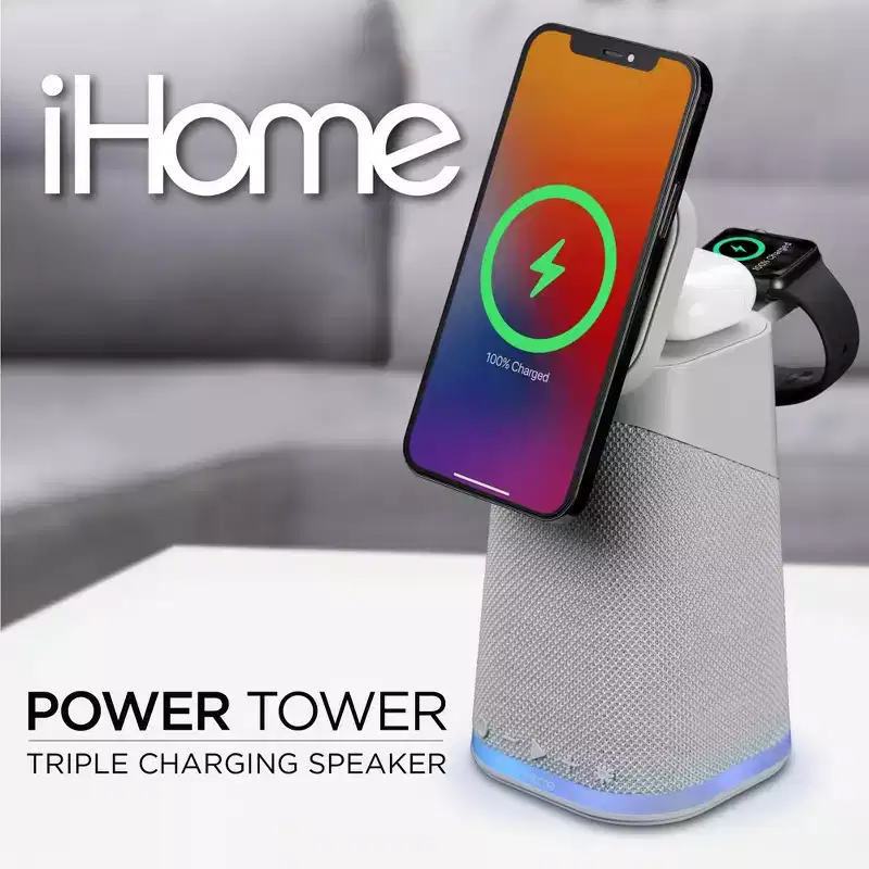 iHome Wireless Charger with Apple Watch Charger, AirPods Charger, and Bluetooth Speaker  Grey (iPBT70G)