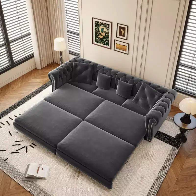 Chesterfield 3-in-1 Pull-Out Sofa Bed, King Size Convertible Sleeper Sofa with Chaise & Movable Ottoman, Velvet Tufted 3-Seater Couch, Charcoal Gray